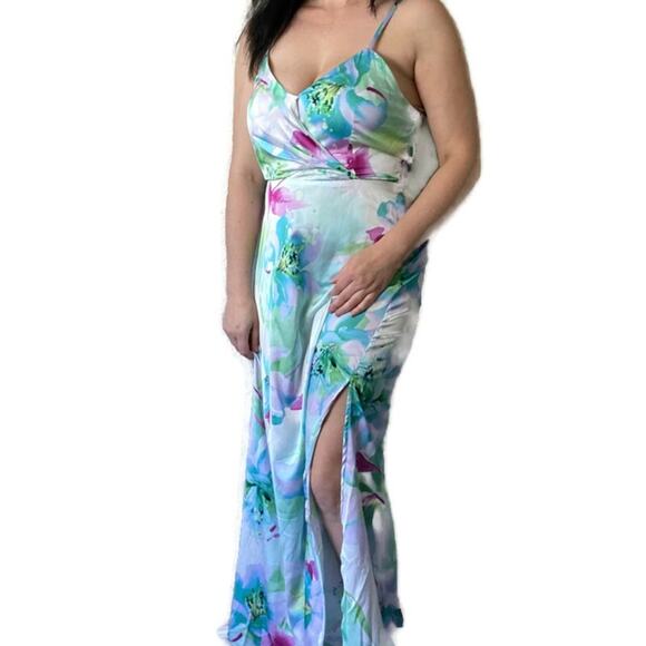 New Nicole Miller Watercolor Tropical Blue Green Surplice Split Maxi Dress Small - Picture 1 of 10